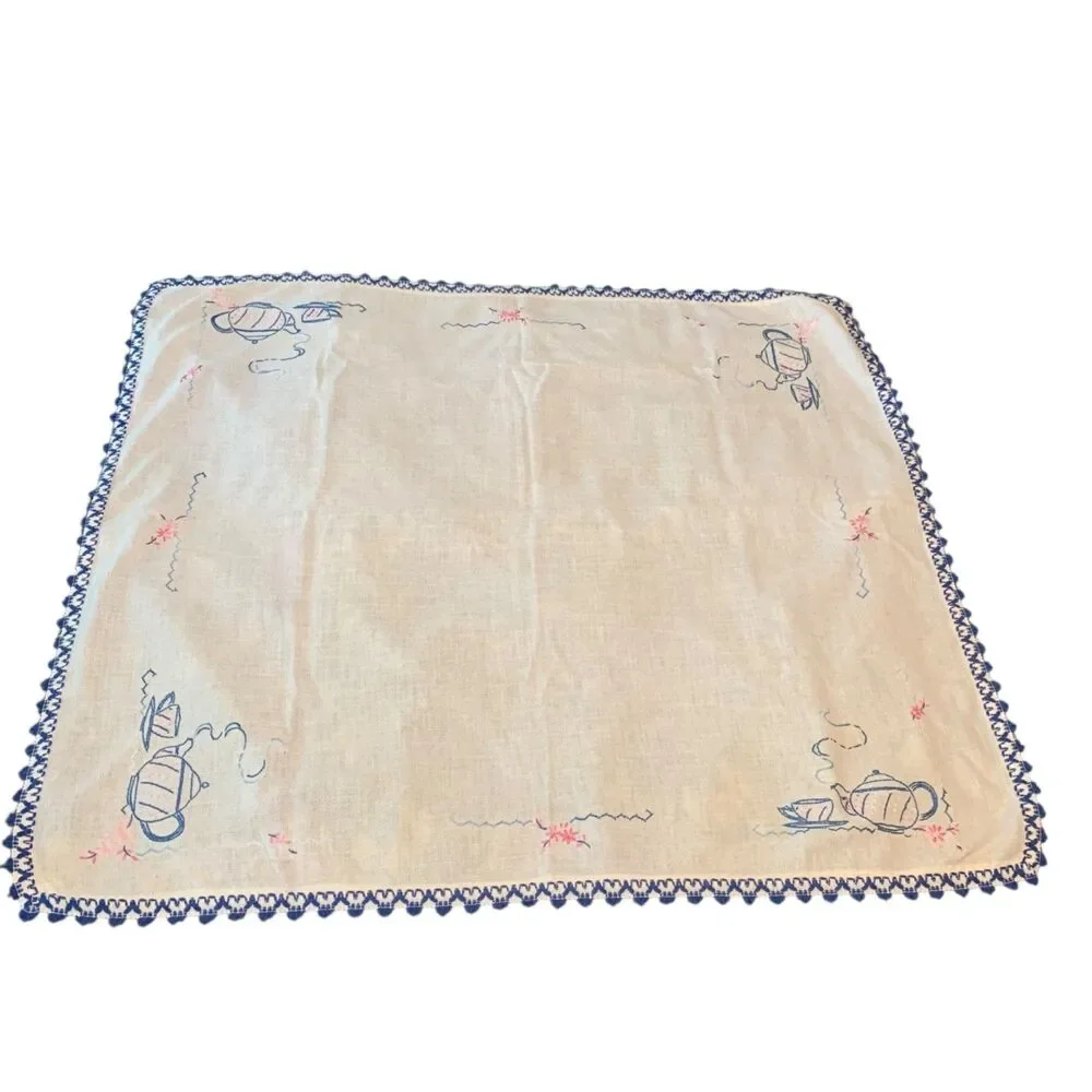 Vintage Linen Tea Towel Embroidered Tea Pots and Floral Country Farmhouse